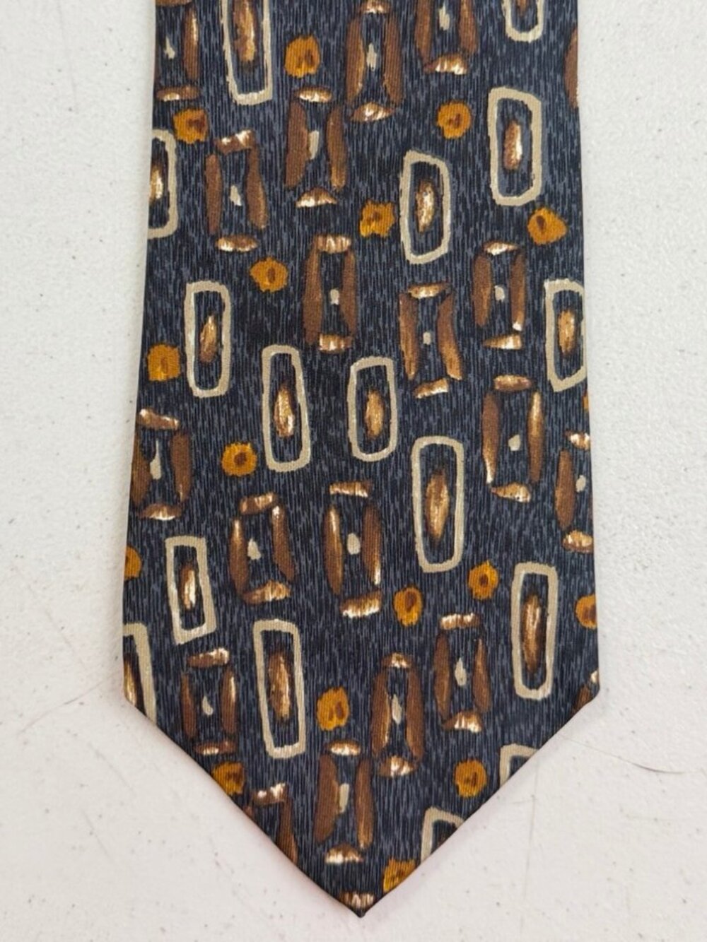 Vintage Abstract Art Print Silk Tie 90s Geometric Print Necktie Gray/Black/Brown
